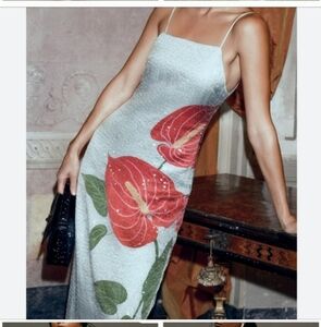 FARM Rio Strapless Dress with Red and Green Floral Accents